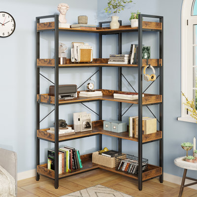 Awbree Bookshelf 5 Tier, Reversible Wood Corner Bookcase with Open Shelves for Living Room