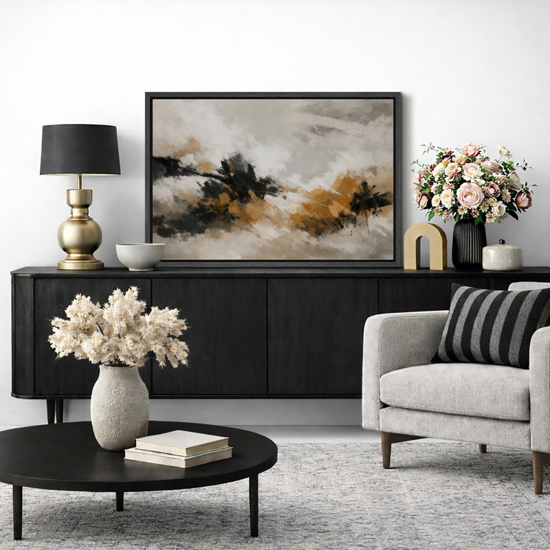 Bold Neutral Abstract Artwork with Black and Ochre Forms, Living Room Pictures, Framed Canvas Giclee Print Wall Art