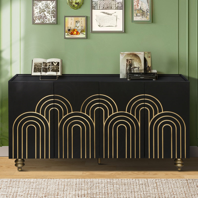 Modern Fluted Sideboard Buffet With Storage, Curve Element With Strict Lines, 4 Doors Storage Cabinet With Adjustable Shelves For Kitchen, Dining Room, Living Room (Black)