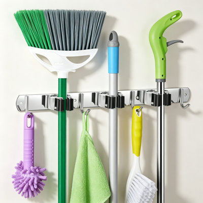Heavy Duty Stainless Steel Broom And Mop Holder Wall Mount, 3-Pack Organizer With 4 Hooks For Home Garage Laundry Room Storage