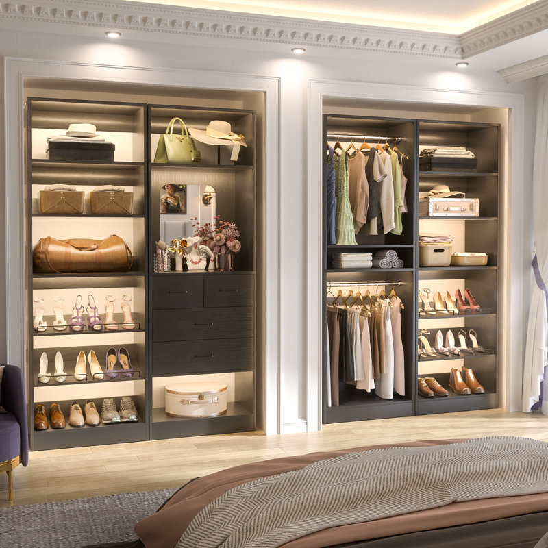 Freestanding Closet System with Drawers and Mirror, Black