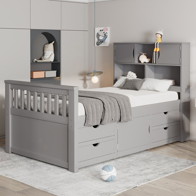 Structure de lit plateforme simple avec bibliothèques et tablettes de rangement, quatre tiroirs, Gris