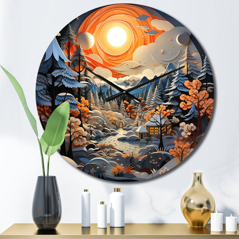 Horloge murale paysage d'hiver orange et bleu Papercut II, Moyenne