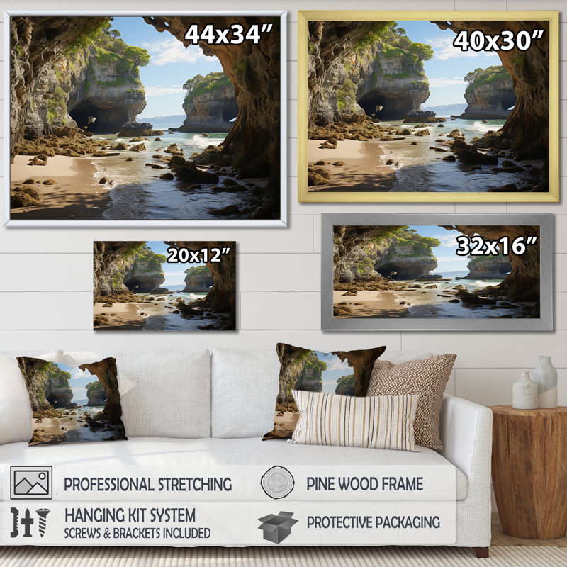 Rocky Beach Rocky Archway III - Nautique et plage, impressions sur toile, H 24 po x l 32 po x P 1 po, Cadre flottant noir