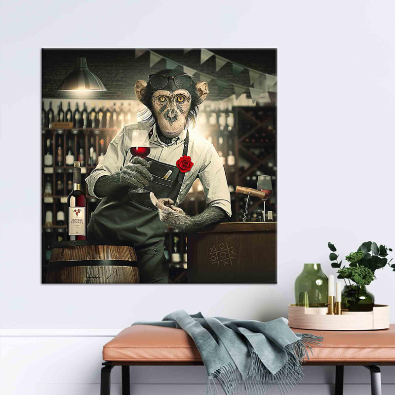 Banksy-Inspired Barman Monkey Cotton Canvas Print Ideal for Modern Wall Decor and Animal Art Admirers, 47" H x 47" W
