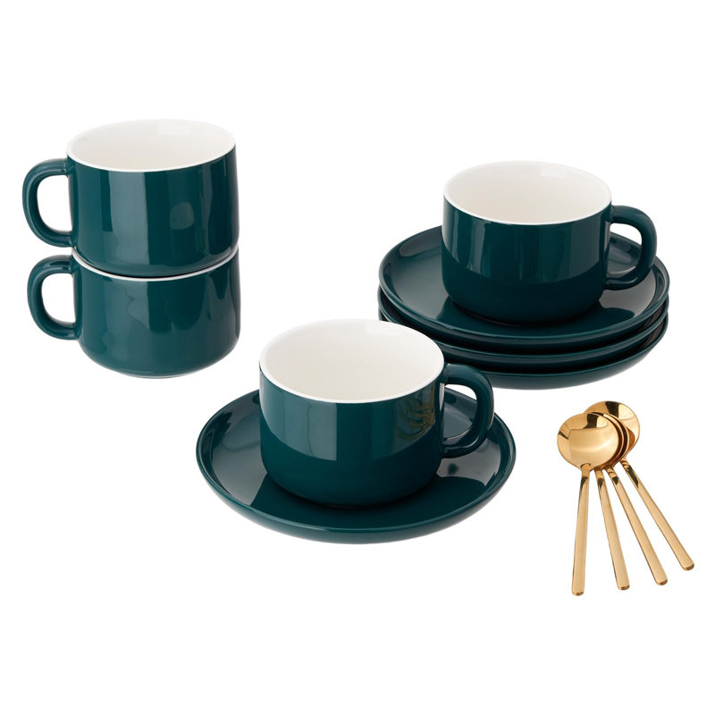 6-Piece Teacup And Saucer Set, Modern Porcelain Coffee Mug With Gold Spoon, Green