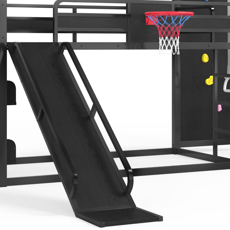 Calix Loft Bed With Basketball Hoop, Climbing Wall, And Metal Frame, Twin, Black