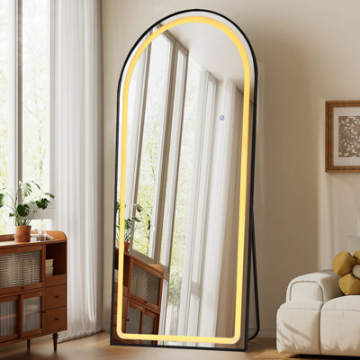 Miroir noir pleine longueur arqué 32 * 72 pouces avec lumières DEL, miroir corporel sur pied ou mural avec support, miroir de plancher 3 lumières à intensité variable pour chambre à coucher, vestiaire