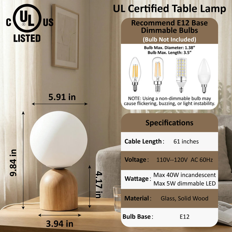 9.8” Modern Milk Glass Globe Table Lamp with Solid Wood Base, Dimmable & Adjustable Color Temperature, E12 Socket, Ul Listed