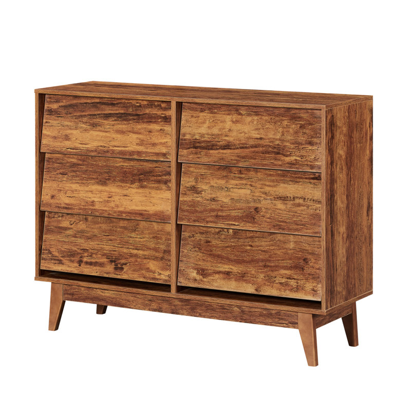 La commode double 6 tiroirs présente un design rétro et biseauté