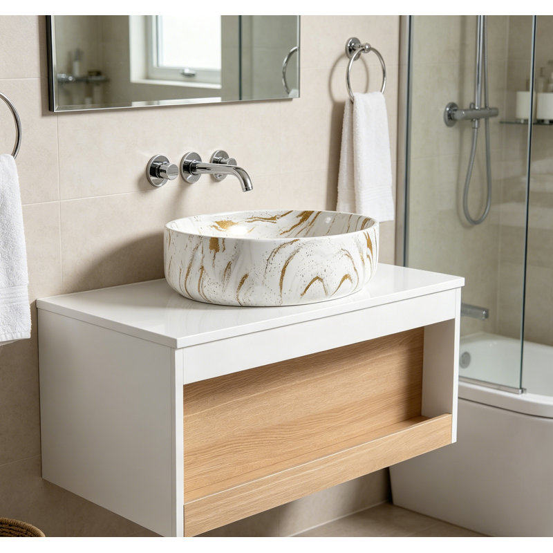 Meuble-lavabo flottant de 30 po avec lavabo vasque en marbre veiné doré, meuble-lavabo mural avec tablette ouverte, finition blanche avec décor en bois, conception moderne peu encombrante (livré en 2 boîtes)