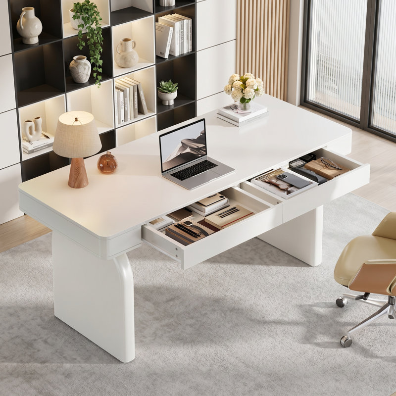 63" White Luxurious Executive Desk with Drawers, Moern Office Desk
