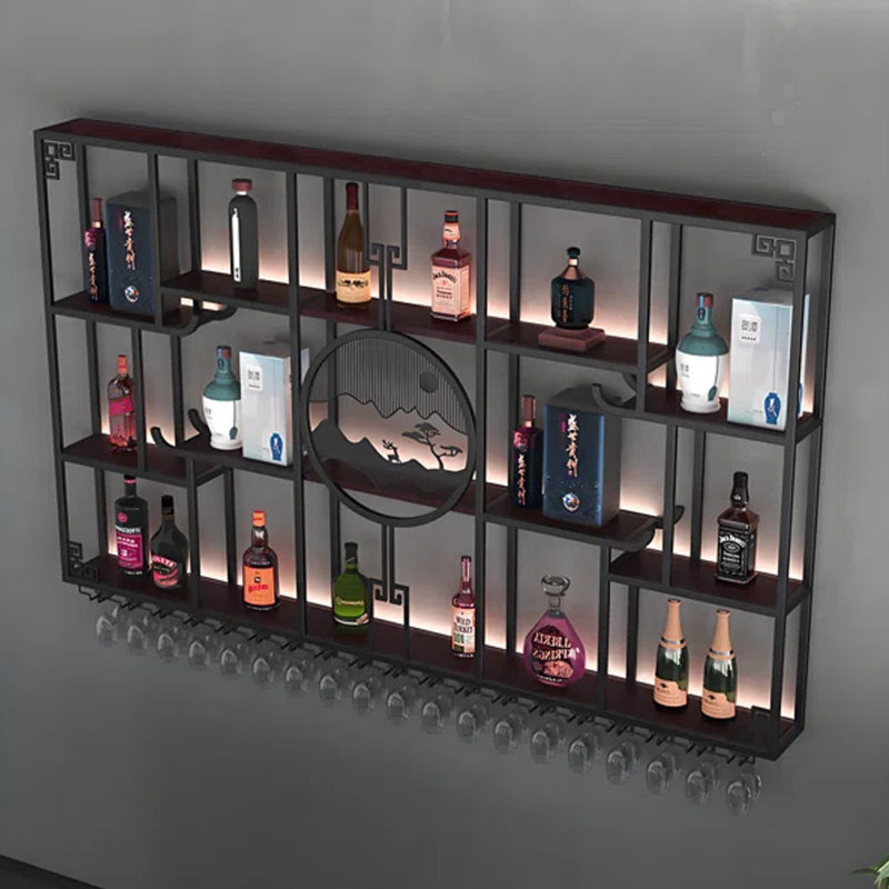 Chinese-style wall-mounted wrought iron wine rack, Black, 47.2" H x 78.7" W x 7.8" D