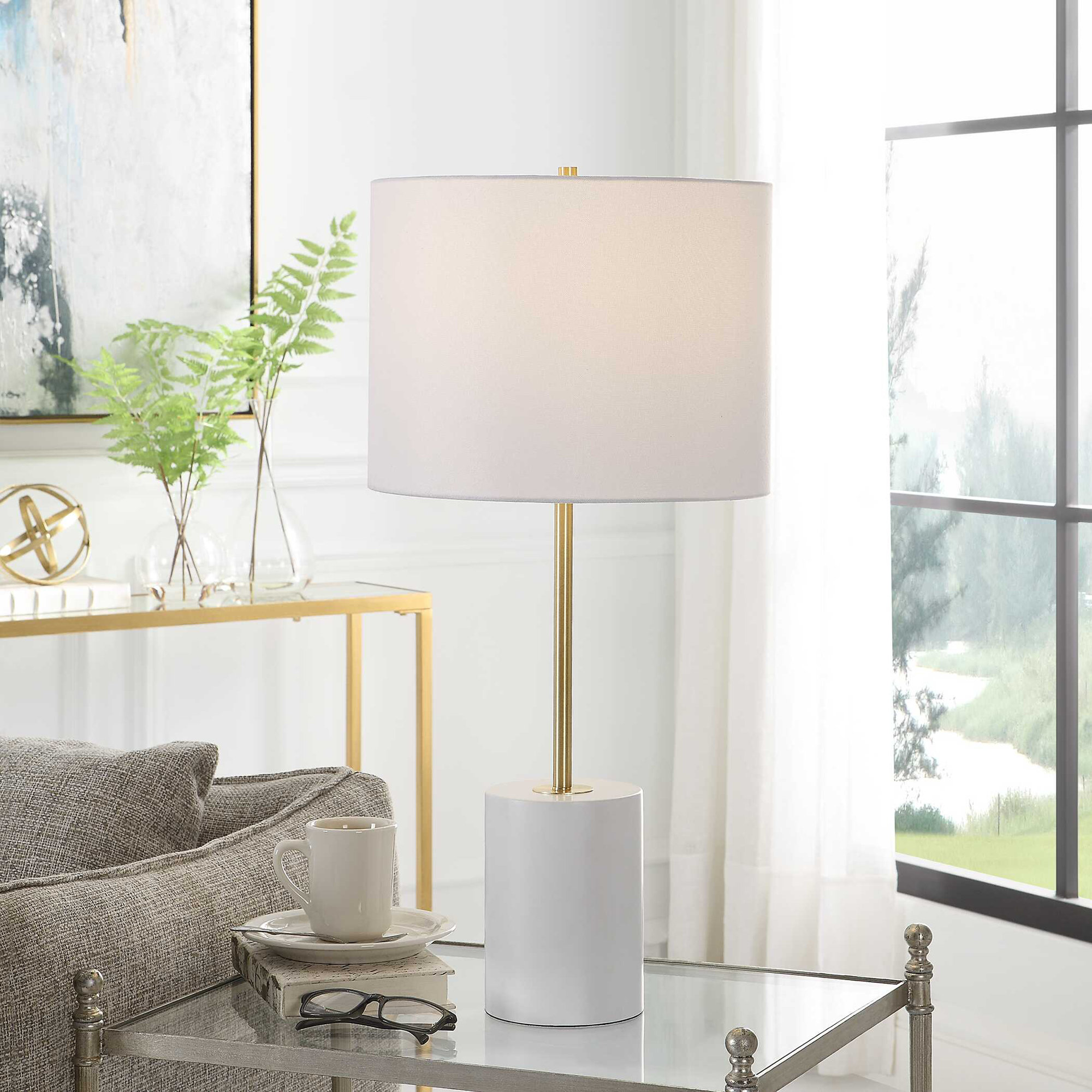 Clyve Metal Table Lamp, White/Gold