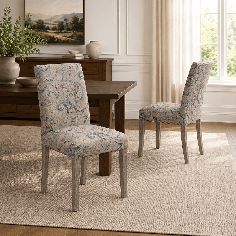 Lot de 2 chaises de salle à manger rembourrées, style chaises d'appoint, pour cuisine ou salon, avec pieds en bois massif et revêtement en tissu mélangé en lin.