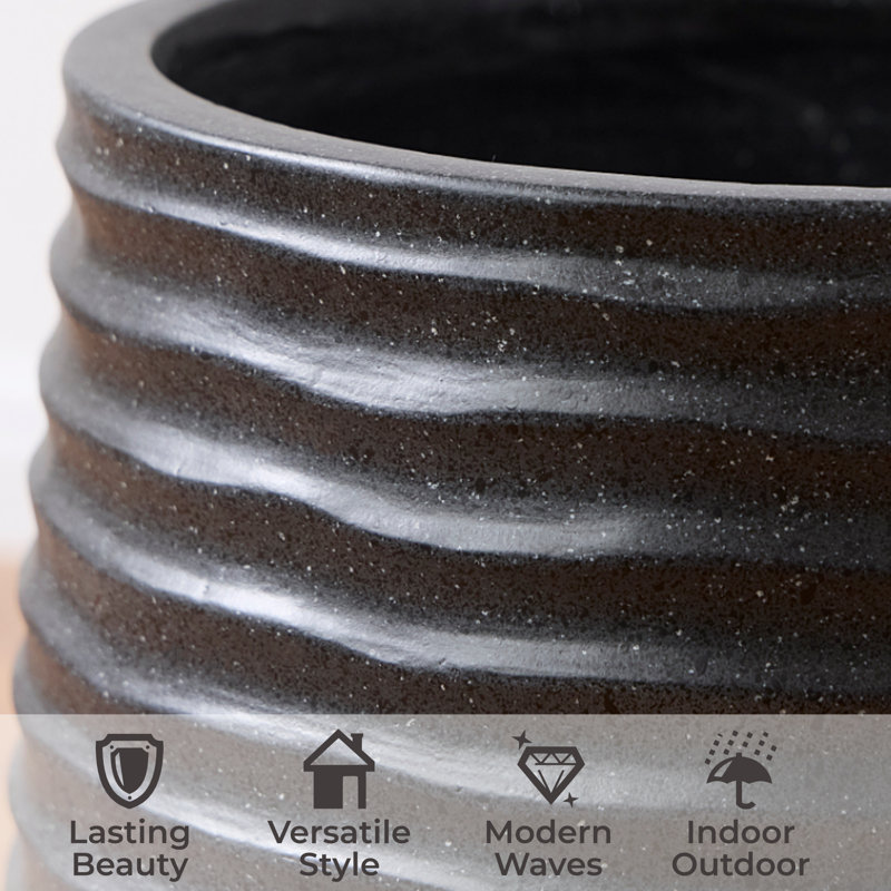 3-Piece Wavy Texture Concrete Planter Set with Drainage Hole - 15”, 11”, 7.8” Dia Round Indoor Outdoor Plant Pots in Black