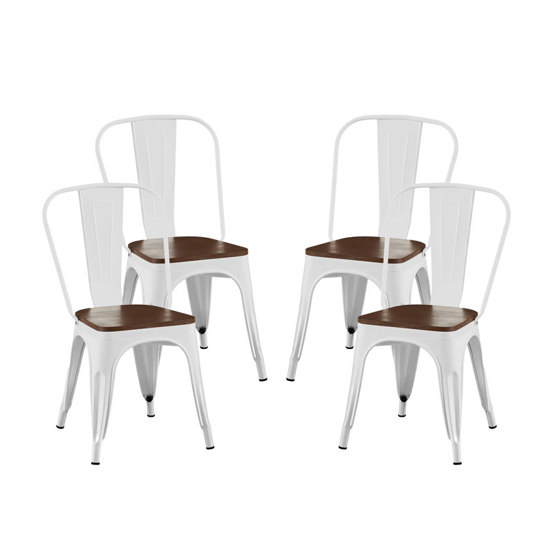 4 chaises de salle à manger industrielles en métal blanc ultrabrillant avec siège en bois de noyer empilable de 18 pouces de hauteur à l'intérieur et à l'extérieur