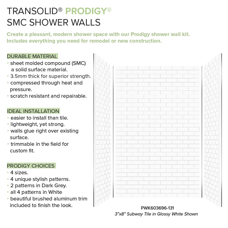 Prodigy PWK603696-131 Ensemble de 3 carreaux de douche à coller au mur, 60 po x 36 po x 96 po, recoupables, motif métro 3 po x 8 po, blanc