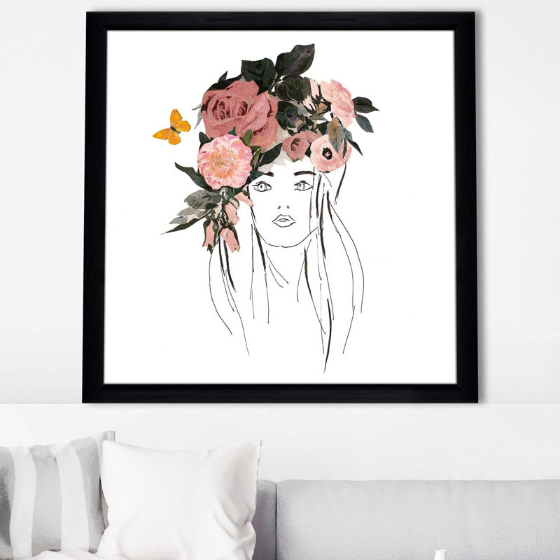 Tête avec fleurs roses (carré) par Patricia Pinto, reproduction, Cadre noir, H 37,5 po x l 37,5 po x P 1 po
