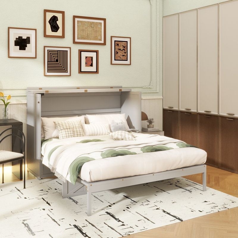 Grand lit escamotable avec grands tiroirs et port USB, gris brossé, Gris