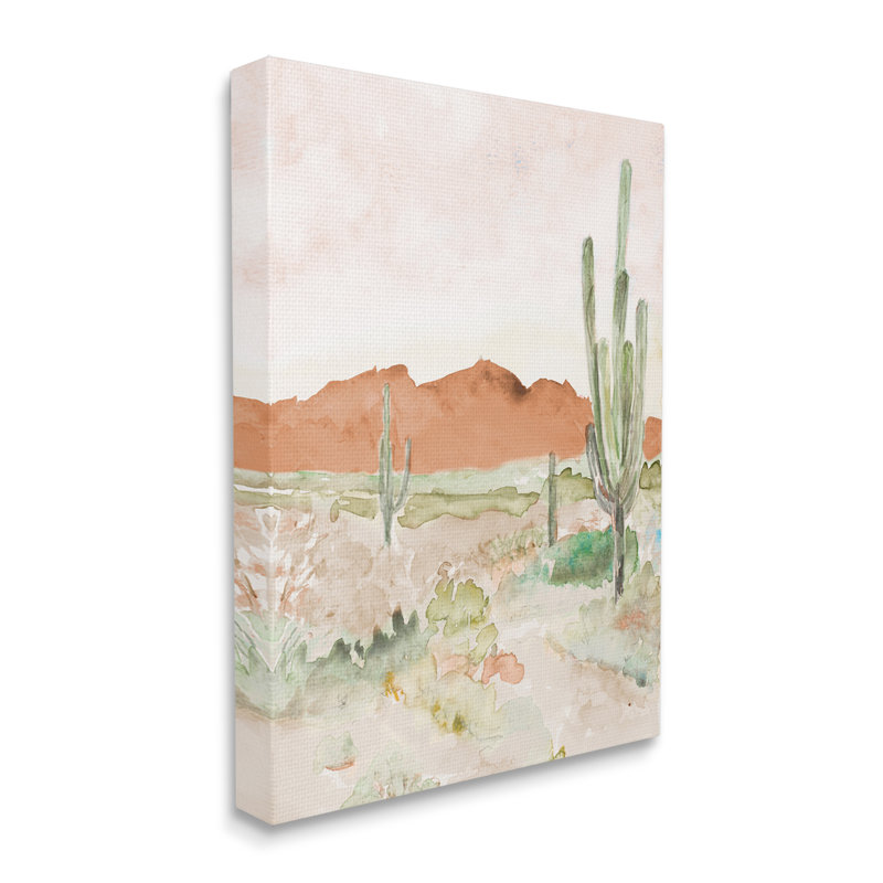 Cactus Plants Dry Desert Scene Distant Cliff par Lanie Loreth - Peinture, Toile tendue, H 20 po x l 16 po x P 1,5 po