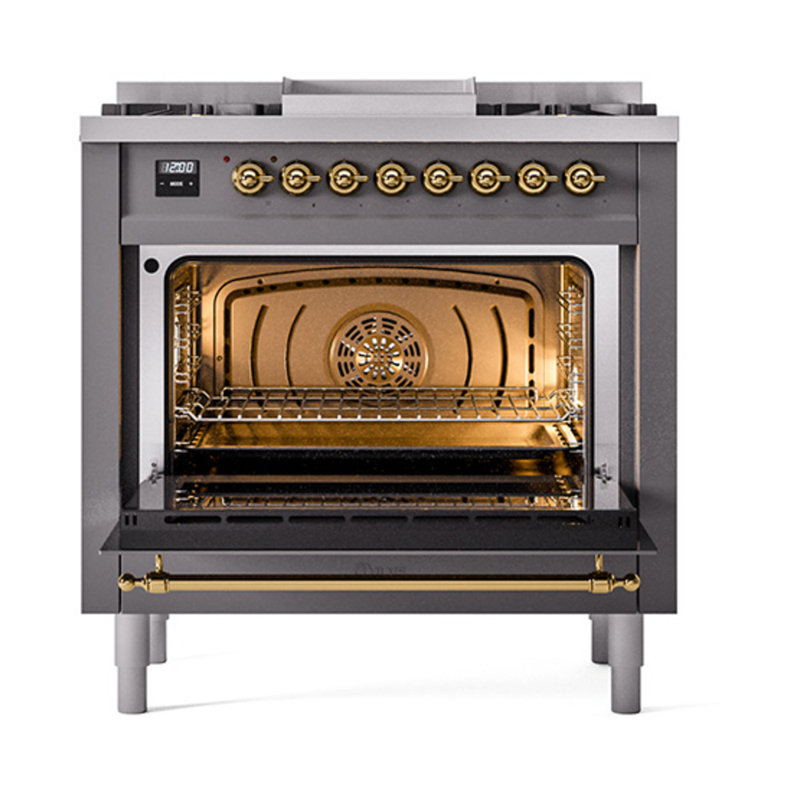 ILVE Nostalgie II Noblesse 36 in Dual Fuel Range, Graphite Matte/Brass, Natural Gas