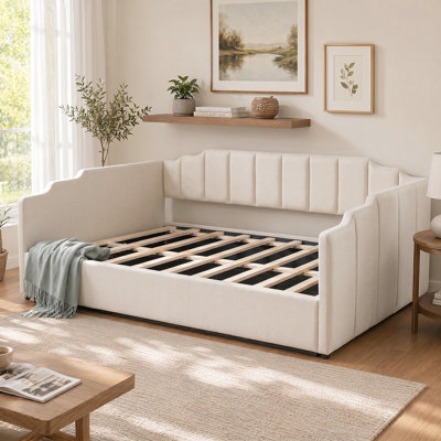 Lit de jour rembourré en lin avec rangement spacieux sous le lit, structure double en bois massif durable