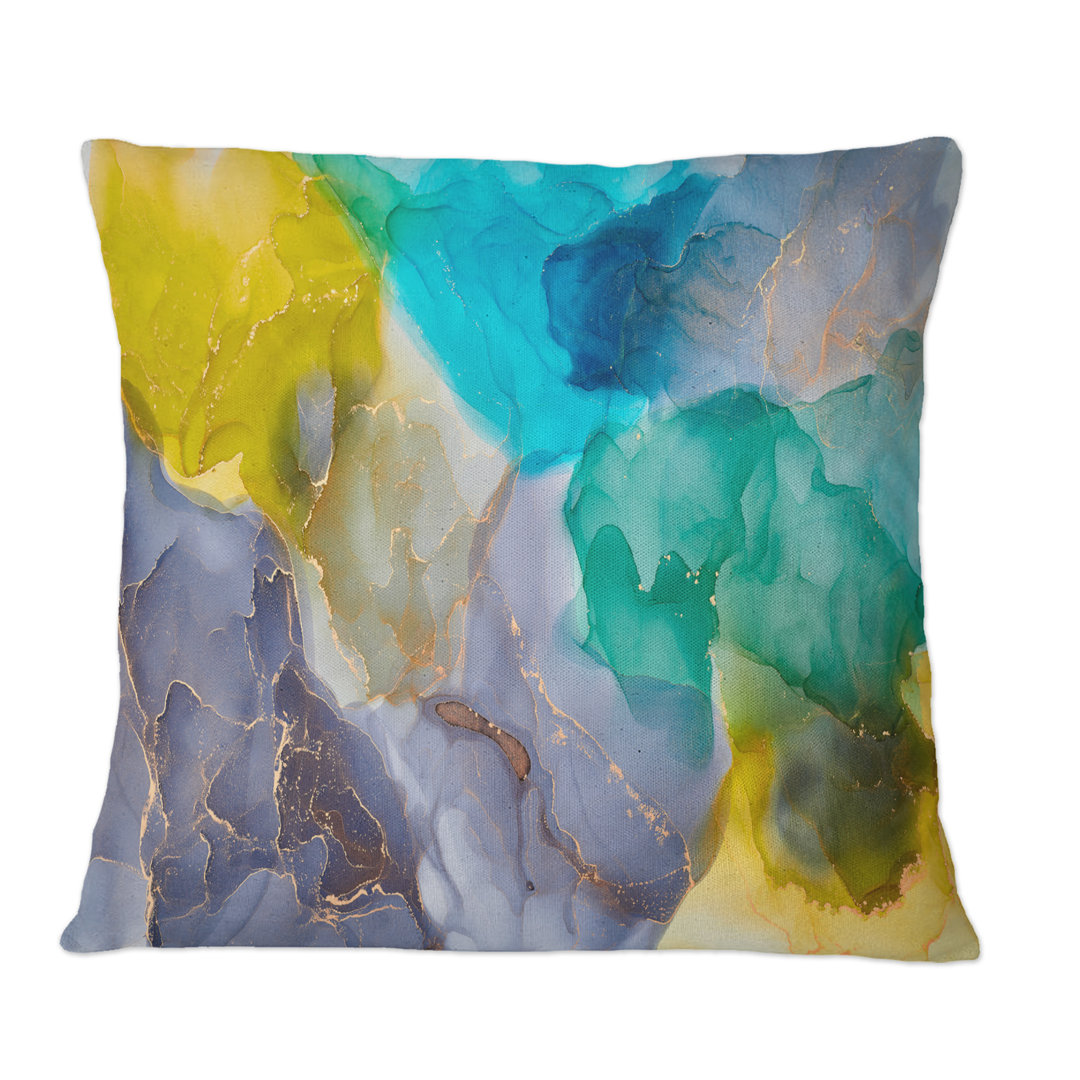 Turquoise And Yellow Luxury Abstract Fluid Art - Modern Printed Throw Pillow Design Art