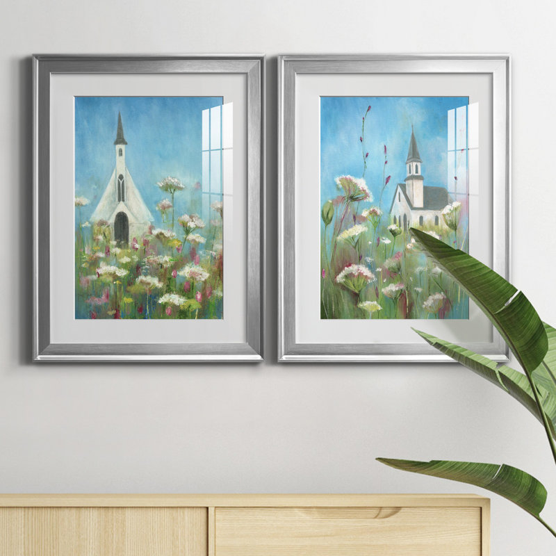 Country Church I - ensemble de 2 impressions murales, H 18,5 po x l 49 po x P 1,5 po, Papier avec cadre argenté, Blanc