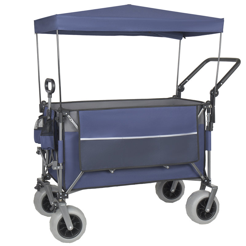 Chariot pliant multifonctionnel avec chariot pivotant et poussoir avec poignée rotative et auvent, pneus de plage de 9 po x 4 po pour le camping et la plage, capacité de charge de 480 lb, grande capacité de transport de 300 L, d'épicerie, pour l'extérieur