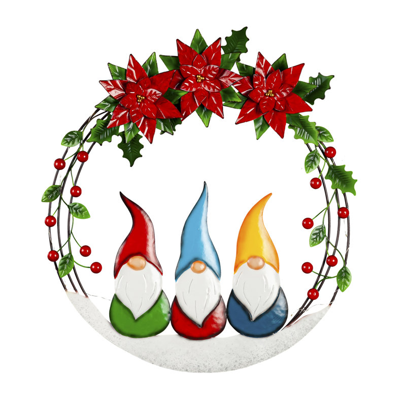 Couronne de Noël Emoni à poinsettias en métal et 3 gnomes