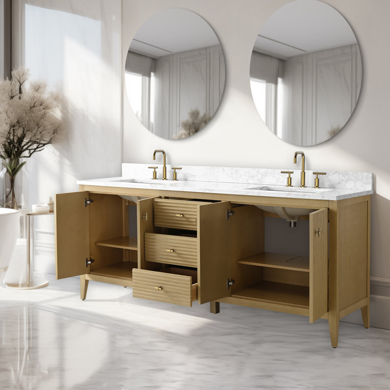 Ensemble de meuble-lavabo autoportant à double cuve 72 po avec plateau en marbre Lavallon, Chêne linéaire linéaire