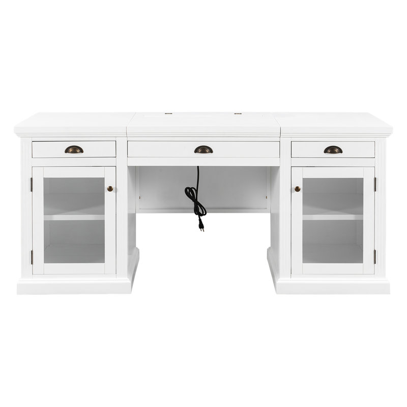 Bureau de direction 67 po, bureau d'ordinateur avec 2 portes vitrées et 3 tiroirs, bureau rectangulaire, bureau de lecture, table d'écriture, poste de travail pour bureau à domicile, salon, bureau, blanc