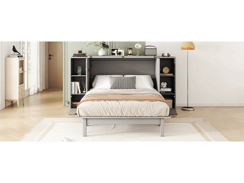 Lit escamotable avec tablettes, tiroirs et ports USB Murphy, Lit double, Gris