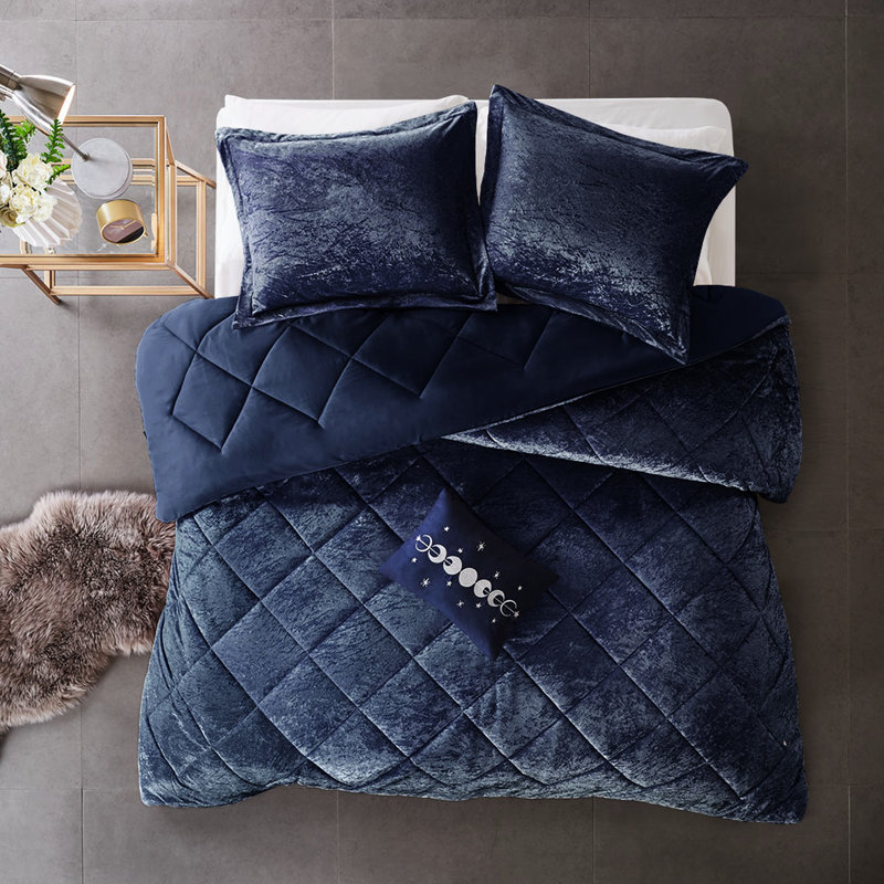 Couette en velours bleu marine pour lit double/queen, rembourrage, oreiller, infroissable - Linge de lit luxueux bleu marine, lavable à la machine
