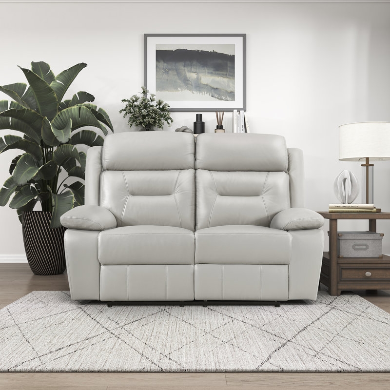 Sitz 62.5'' Transitional Top Grain Leather Manual Double Reclining Love Seat with Tab Pull Reclining Motion, Silver