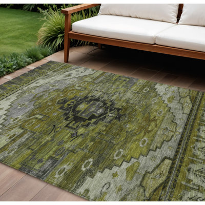 Tapis intérieur/extérieur lavable, 2,74 m x 3,66 m, motif tribal vert olive, ivoire et gris