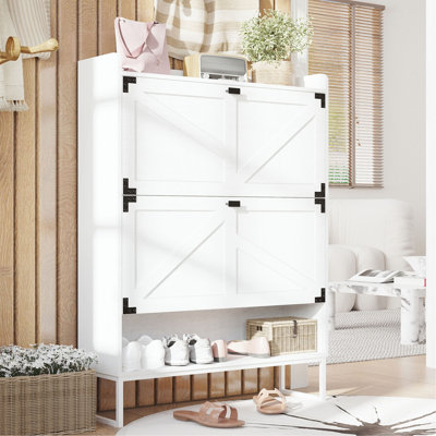 Shoe Cabinet With 2 Flip Drawers,Shoe Storage Cabinet For Entryway,Freestanding Shoe Cabinet Organizer With Open Storage,Narrow Farmhouse Shoe Rack With Metal Corner Decoration Legs