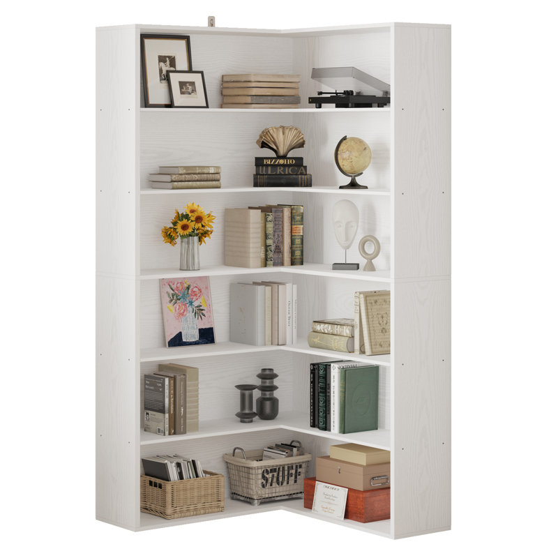 Corner Bookshelf With Baffles, 6 Tier Large Corner Shelf Storage Display Rack For Living Room Home Office, White