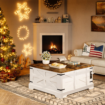 Farmhouse Lift Top Coffee Table, Square Wood Center Table With Charging Station -  Gracie Oaks, 411CCE43E2AE4D6EA055A705F5DF8F68