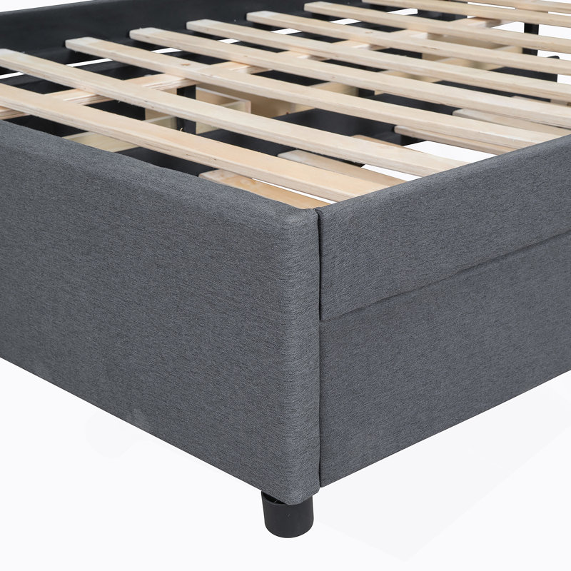 Lit plateforme tapissier avec tête de lit à motif brique, avec gigogne et 2 tiroirs, gris, Double