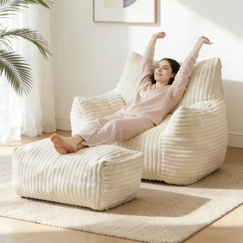 Fauteuil à billes géant avec repose-pieds, fauteuil à billes en velours côtelé pour salon, emballage comprimé, Noir