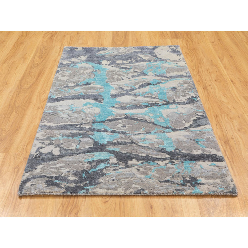 Tapis gris noué à la main de conception unique 3 pi x 5 pi nouvel âge Debbora
