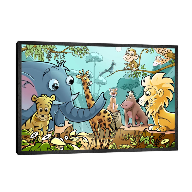 Jungle Cartoon Animals - Print on Canvas, 101.6 cm H x 66.04 cm W, Black Framed