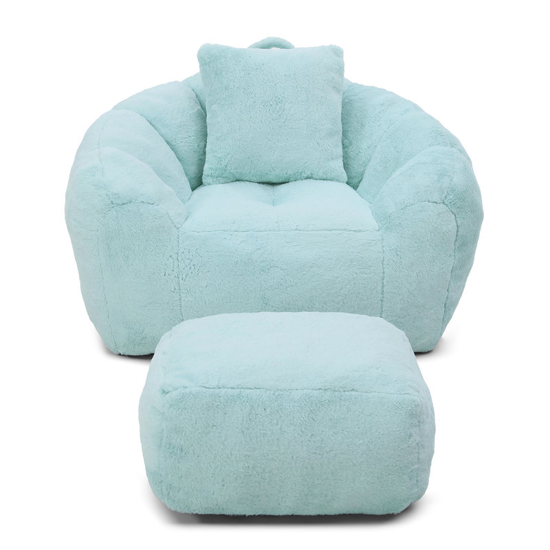 Fauteuil à billes surdimensionné avec repose-pieds, Fausse fourrure bleue