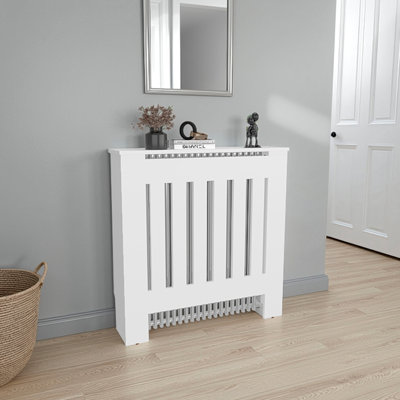 Radiator Cover Cabinet With Slatted Panel, Modern Home Furniture For Heating Units, Ventilated Decorative Enclosure, White