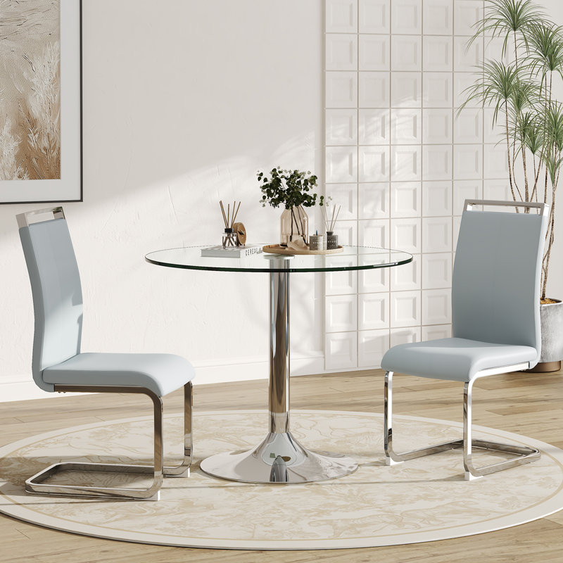 Ensemble de table de salle à manger moderne en verre trempé avec chaises rembourrées en similicuir, Gris clair