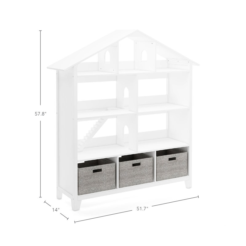 Creamy White Wooden Kids Dollhouse Bookcase with Storage Bins