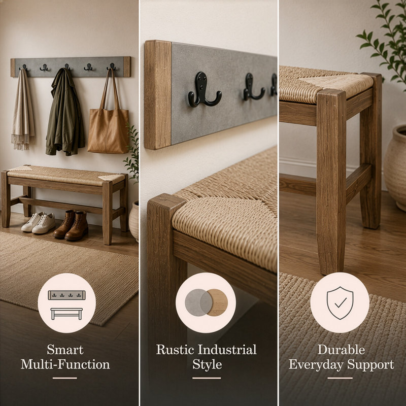 Aston 2-Piece Entryway Set - 40” Wall-Mounted Coat Rack with Hooks & Wood Bench with Rush Seat