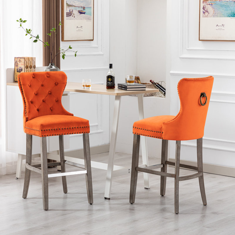 Kirsten Upholstered Counter Stool with Solid Wood Frame, Orange, Counter Stool (24” Seat Height), Antique Gray